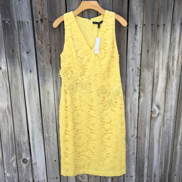 NWT White House Black Market Sleeveless Lace Sheath Dress 3D Appliqué Yellow 10 - Picture 16 of 16
